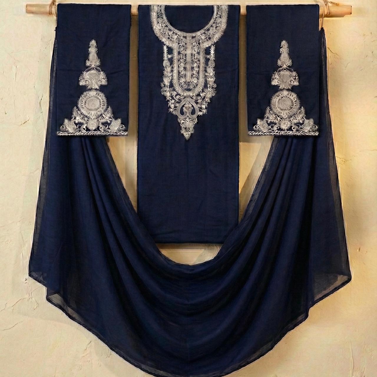 Cambric 3pc thekapra4 Cambric Embroidered 3PC Navy - Image 1