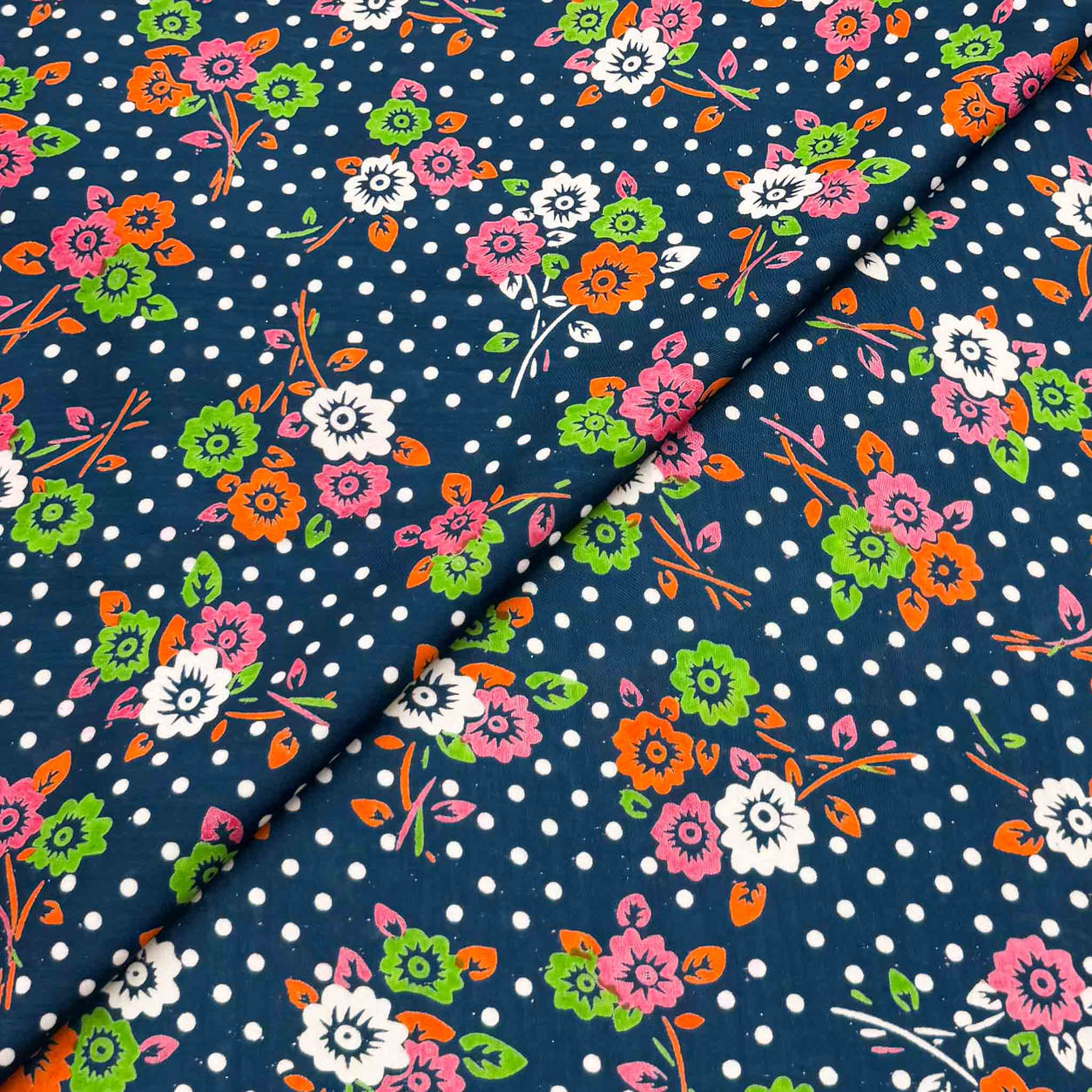 viscose-discharge-d20-floral-polka-navy Viscose Discharge Print D26D20 - Navy Floral Polka - Image 1