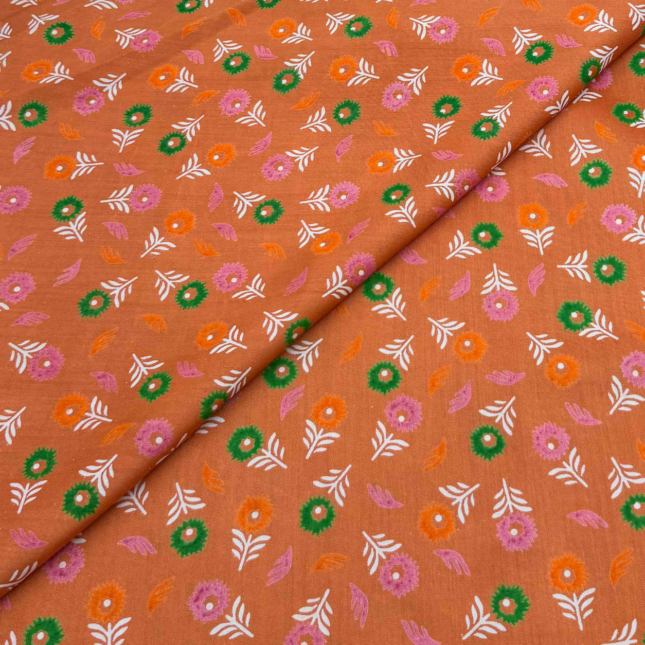 viscose-discharge-d31-poppy-fern-orange Viscose Discharge Print D26D31 - Orange Poppy Fern - Image 1